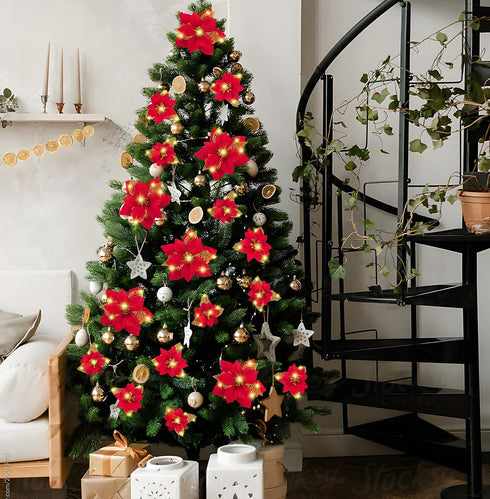 Geefuun 28PCS Christmas Tree Decorations: Poinsettias Artificial Flowers Ornaments Xmas Red Glitter Flower with Clips,3 Sizes Not Included Stems...