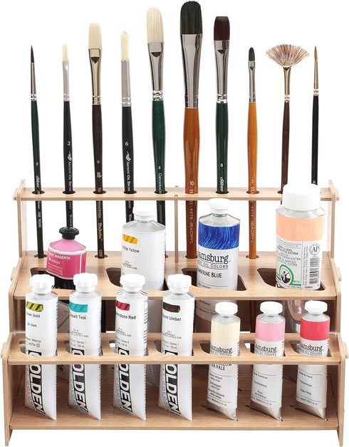 Mezzo Artist Paint and Brush Rack - Wood Grain Laminate Multi Layer Desk Stand Professional Storage Display Organizer for Paintbrushes and Paint T...