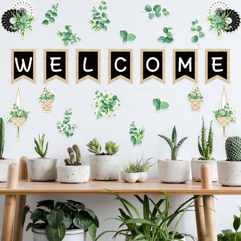Whaline 29 Pieces Eucalyptus Bulletin Board Set Welcome Banner Simply Boho Bulletin Board Decor Boho Greenery Calendar Cutout Decorations for Back...