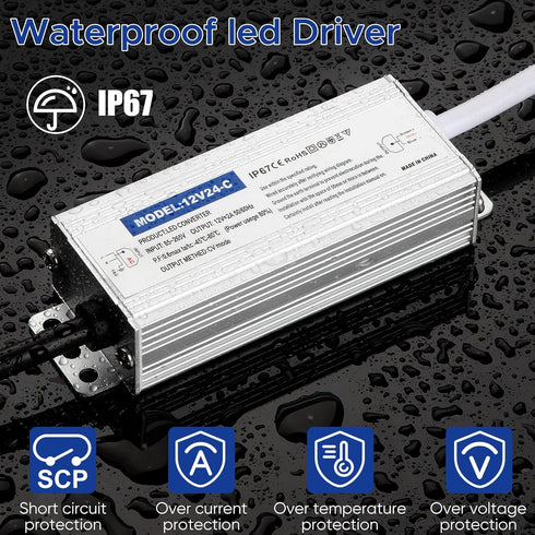 Waterproof IP67 LED Driver Power Supply 12V 24W 2A, 110V AC to 12V DC Converter, Ideal for Indoor and Outdoor, Marine, and Industrial LED Lighting...