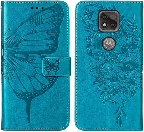 for Moto G Power 2021 Phone Case Wallet, Butterfly Floral Embossed, Wrist Strap, Card Holder Slots, Stand Leather Protective Flip Cover (Blue)...