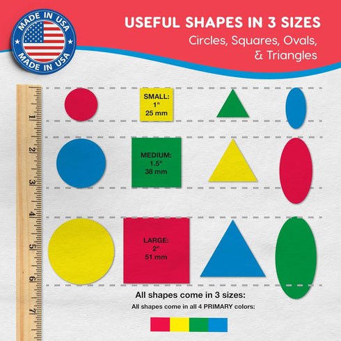 Basic Shapes 1: Circles, Triangles, Squares, Ovals, 676 Pieces US Made Card Stock Punch Out Geometric Shapes in 3 Sizes and 4 PRIMARY Colors for M...