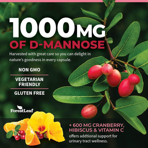 ForestLeaf D Mannose 1000mg Capsules - D-Mannose with Cranberry, Hibiscus & VIT C, Urinary Tract Health for Women and Men, DMannose Pills for UTI,...