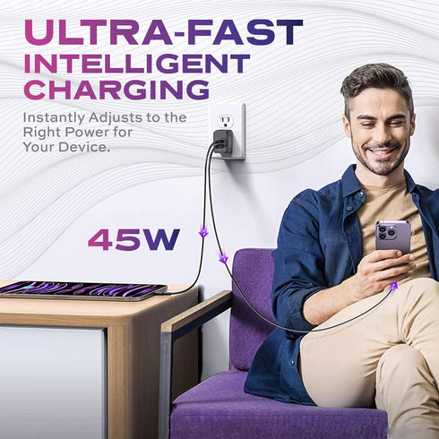 STATIK Fast-Charging GaN Power Adapter - 45W Dual USB C & USB - International Plugs - Foldable Compact Travel Charger for iPhone, iPad, Samsung, P...