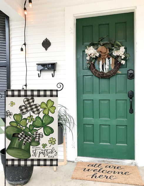 Happy St Patricks Day Garden Flags for Outside Decoration, Buffalo Plaid with lucky Shamrock Hat Small Yard Flag, Seasonal Irish Celebration Farmh...