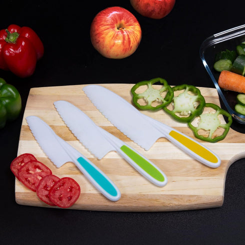 MGS Kids Knife Set of 3 for Cooking and Cutting Cakes, Fruits and Veggies Perfectly Safe for Kids Toddler Knife Set for Real Cooking...