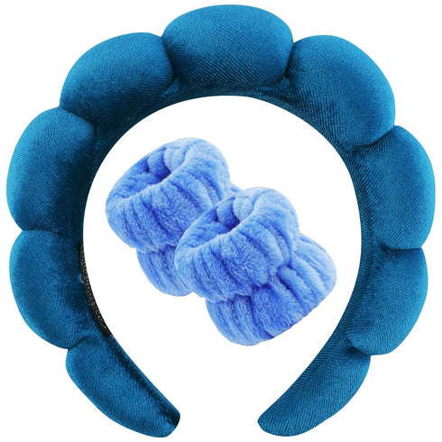 VELSCRUN 3 Pcs Spa Headband, Makeup Headband, Face Wash Headband, Skincare Headbands, Navy Blue Velvet Puffy Sponge Hair Band Bow Tie Bubble Spa H...