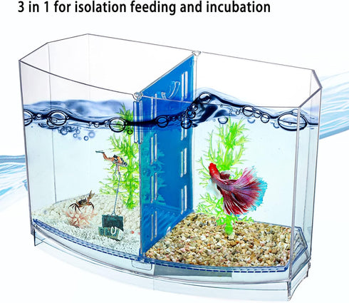 Mini Fish Tank with Divider, Small Beta Fish Tank Shrimp Tank Small Aquarium, 2/5 Gallon Double-Compartment Temporary Tank - Acrylic Aquarium Habi...