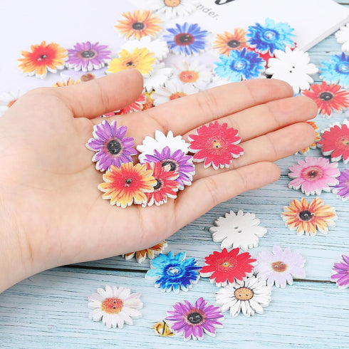 100 Pcs Wood Daisy Buttons 1 inch Flower Buttons for Craft Wooden Painted Buttons for Crafts 2 Holes Flower Shaped Buttons for DIY Crafts Multi-Co...