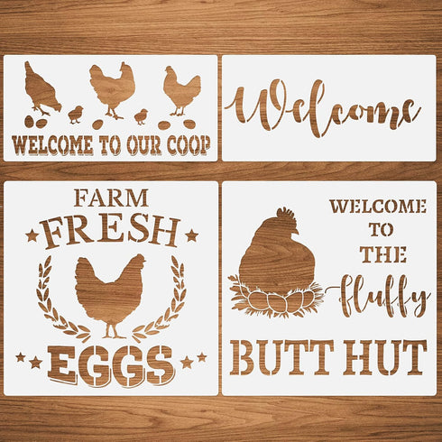 Hen Chicken Farmhouse Stencils, 4 Pcs Farm Eggs Hen Chicken Farmhouse Rustic Farmhouse Reusable Stencil for Painting on Wood Fabric Wall Furniture...