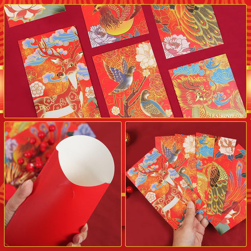Red Envelopes Chinese New Year, 30 Pack 6 Styles Lucky Red Money Envelopes for Cash - 6.6 x 3.5inches, Peacock Dragon Goldfish Design Hong Bao Chi...