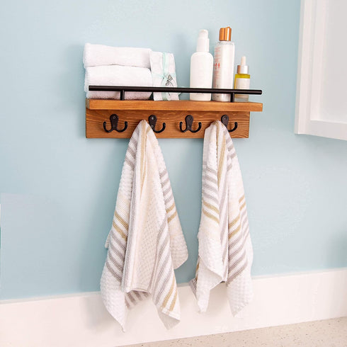 Mail and Key Holder for Wall, Decorative Wooden Wall Shelf with Hooks, Wall Mounted Coat Rack with Shelf, Keys Organizer, Entryway Hooks with Home...