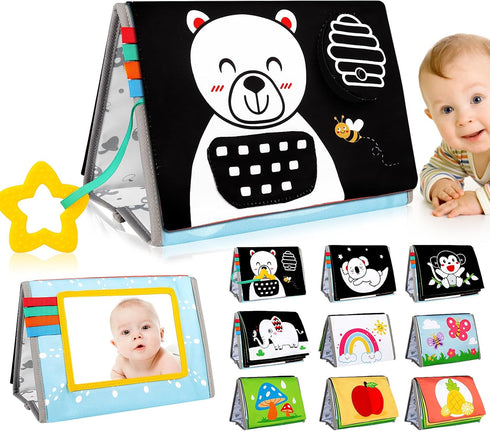 Tummy Time Mirror Baby Toys Infant Toys Black and White High Contrast Baby Crinkle Toys 0-6 Months with Teether - Montessori Newborn Sensory Toys ...