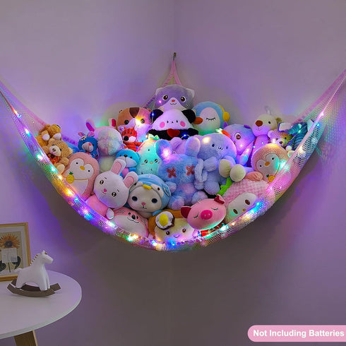 Stuffed Animals Net or Hammock Kids Toy Storage Organizer with LED Light Hanging Corner Stuffed Animals Holder Kids Girls Room Decor (Pack of 1)...
