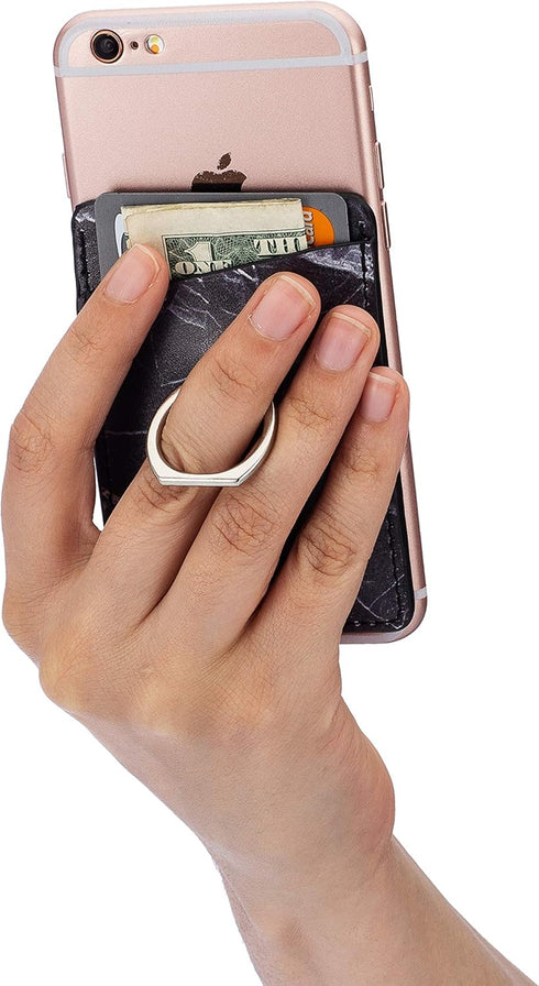 (Two Finger Ring and Cell Phone Stick on Wallet Card Holder Phone Pocket for iPhone, Android and All Smartphones. (White & Black)...