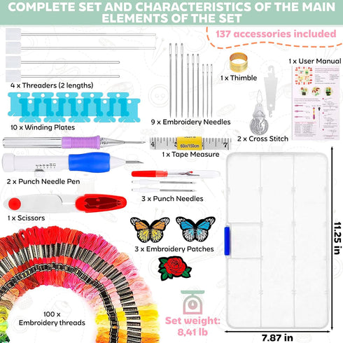Embroidery Kit for Beginners Adults - Punch Needle Embroidery Kits 100 Colors Thread Sewing Kit for Adults Knitting Tool Kit Set Craft Organizer -...