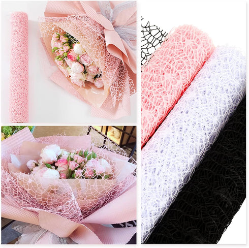 Whaline 3 Rolls Jacquard Net Mesh Openwork Floral Wrapping Paper Flowers Bouquet Paper Pink Black White Florist Packaging Paper for Wedding Birthd...