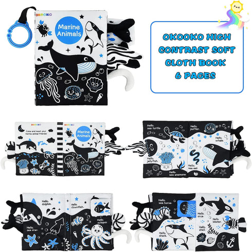 OKOOKO Soft Baby Book Black and White High Contrast Marine Animals Tails Book Bath Book Montessori Sensory Stroller Toy Non-Toxic Crinkle Washable...