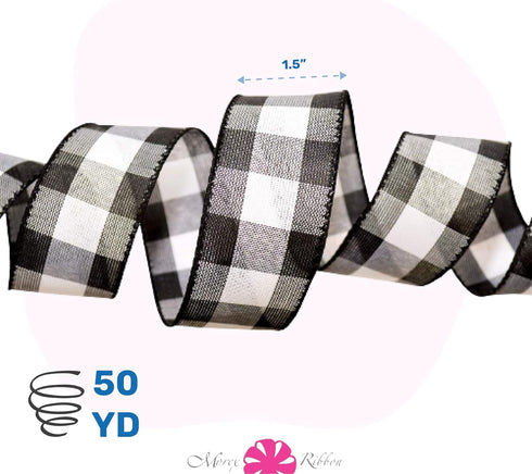 Morex Ribbon 7398.40/50-613 Cambridge 1.5" X 50 YD Wired Ribbon, Black and White, Buffalo Check Plaid Ribbon for Gift Wrapping, Christmas Decorati...