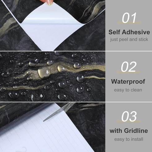 Black and Gold Marble Wallpaper Peel and Stick Glossy Dark Granite Countertops Marble Contact Paper Removable Self Adhesive Wall Paper for Bathroo...