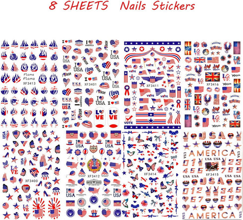 4th of July Nail Art Stickers American Independence Day Nail Design Lips Flag Hearts Flame Shape 3D Self-Adhesive Nail Art Supplies Patriotic Stic...