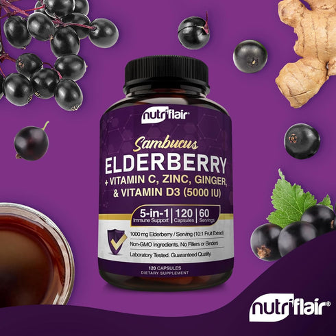 NutriFlair Sambucus Elderberry, 120 Veggie Capsules - 5 in 1 Immune Support and Antioxidant Supplement with Vitamin C, Vitamin D3 5000 IU, Zinc, G...
