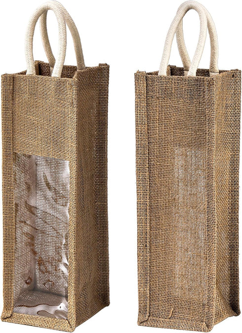 Peohud 3 Pack Burlap Wine Bottle Bags, Jute Wine Gift Bag with Window and Handle, Reusable Wine Carrier Tote Bags for Wedding Birthday Party Chris...