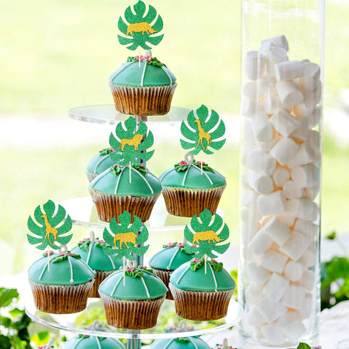 36 Pieces Animal Cupcake Toppers Jungle Style Cake Toppers Gold Glitter Palm Leaves Cake Decorations for Jungle Safari Animals Party Baby Showers ...