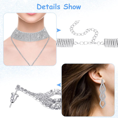 Fumete 4 Pcs Rhinestone Jewelry Set Bling Diamond Choker Necklace Bracelet Ring Earrings Set for Women Party Costume Jewelry...
