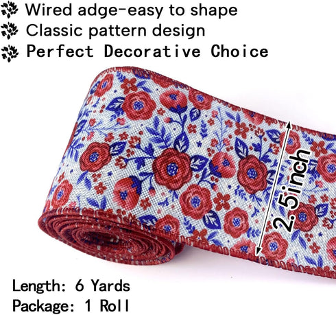 2.5Inch 6 Yard Red White Blue Patriotic Ribbon Floral ribbon Floral Wired Ribbon for 4th of July, Independence Day, Memorial Day, Wreath Making DI...