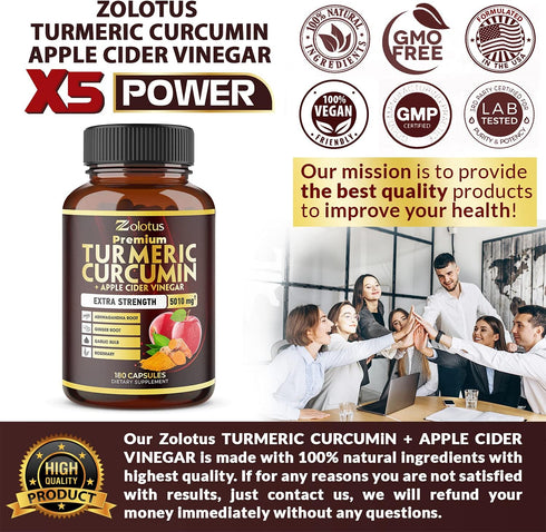 7 in 1 Premium Turmeric Curcumin + Apple Cinder Vinegar Capsules, Equivalent to 5010mg, 6 Month Supply with Ashwagandha, Ginger, Garlic Bulb, 95% ...