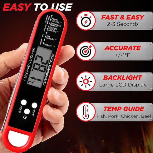 Meat Thermometer Instant Read for Grill and Cooking, Fast & Precise Digital Food Thermometer with Backlight, Magnet, Calibration, and Foldable Pro...