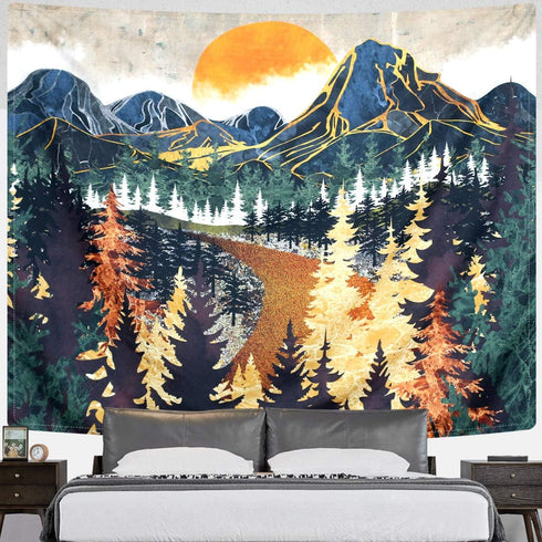 SENYYI Mountain Wall Hanging Tapestry - Forest Trees Art, Sunset, Road in Nature Landscape Home Decor for Room (51.2 x 59.1 inches)...