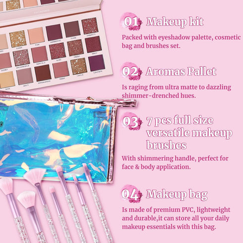 UCANBE Makeup Kit for Women & Teens,18 Colors Nude Eyeshadow +7pcs Soft Makeup Brushes + Pink Cosmetic Bag Makeup Sets, Shimmer Matte Glitter Make...