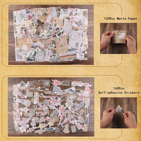 280Pcs Vintage Scrapbooking Supplies, Aesthetic Scrapbook Stickers Washi Paper Kit, Bullet Journaling Supplies Junk Stamping Ephemera Collage Stat...
