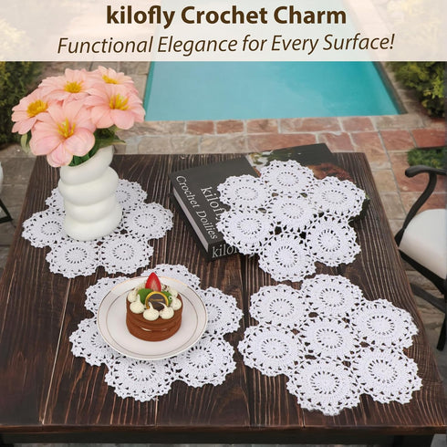 kilofly Crochet Cotton Lace Table Placemats Doilies Pack, 4pc, White, Blossoms, 10 inch...