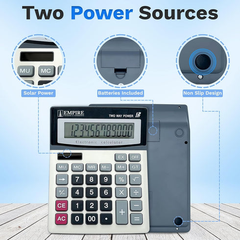 Empire Desk Calculator with Large Key Buttons, 12 Digits, Large Eye-Angled Display, Solar and Battery Powered for Home and Office (Battery Include...