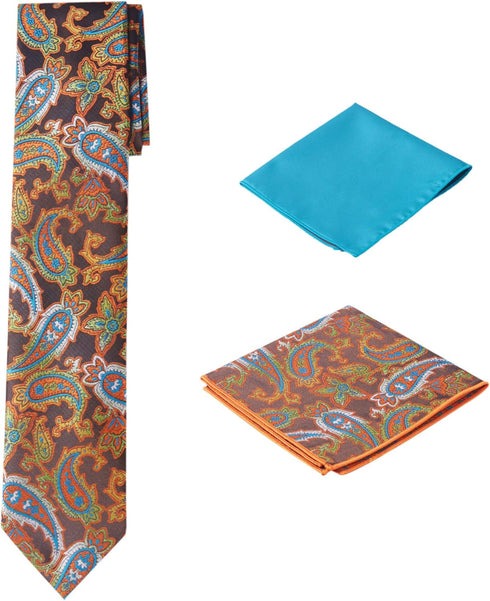 Men's Woven Paisley Regular Length Neck Tie with 2 Handkerchief Pocket Squares Hanky Set - Brown Teal...
