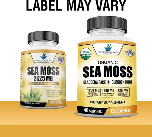 American Standard Supplements Organic Sea Moss, Bladderwrack & Burdock Root Capsules - 1200mg Sea Moss, 1200mg Bladderwrack, 225mg Burdock Root Pe...
