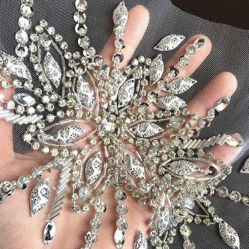 Exquisite Uniquely Pure Handmade Bright Crystal Patches Sew-on Rhinestones Applique with Stones Sequins Beads for Wedding Dress DIY Manual Accesso...