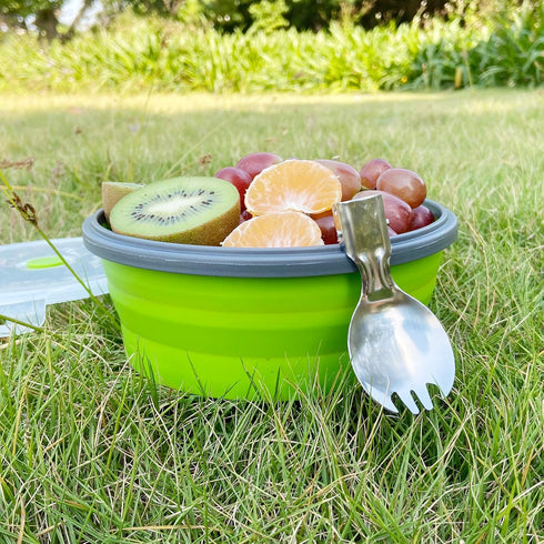 1200ml Collapsible Camping Bowl Silicone Food Storage Container with Lid and Foldable Stainless Steel Fork Spoon, for Picnic, Travel, Camping, RV,...