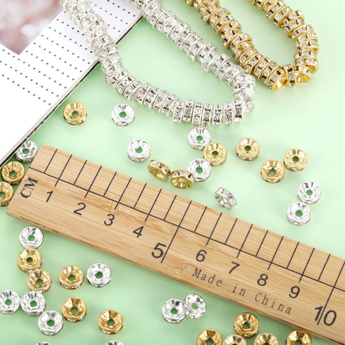 Bememo 200 Pieces 8mm Rondelle Beads Crystal Spacer Beads Loose Beads for Jewelry Bracelets Making (Golden and Silvery)...