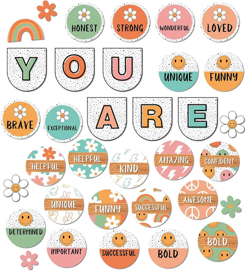 Boho Groovy Affirmation Station Bulletin Board Set Retro Motivational Inspirational Paper Cutouts with Glue Points Positive Bulletin Board Decor f...