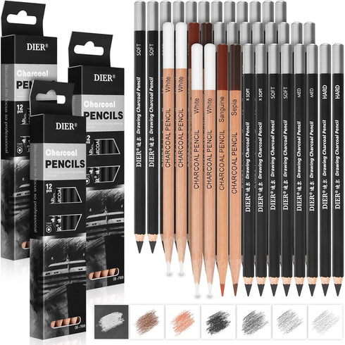 Geyoga 36 Pcs Professional Charcoal Pencils Extra soft, Soft, Medium, Hard, White, Brown for Drawing Charcoal Pencils Drawing Set Pastel Pencils A...