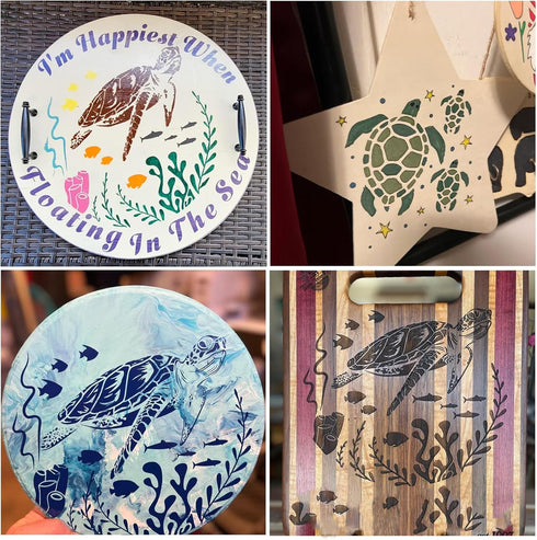 Ocean Stencils for Painting On Wood Turtle Seahorse Starfish Jellyfish Templates for Art Crafts Plastic Reusable Wood Burning Stencils for Wall Ca...