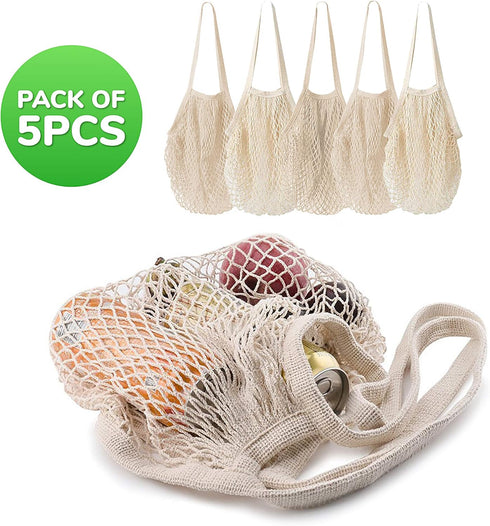 5 pack Cotton String Shopping Bags Reusable Washable Grocery Mesh Bags Organizer for Grocery Shopping Produce Net Bags with Longhandle for Fruit V...