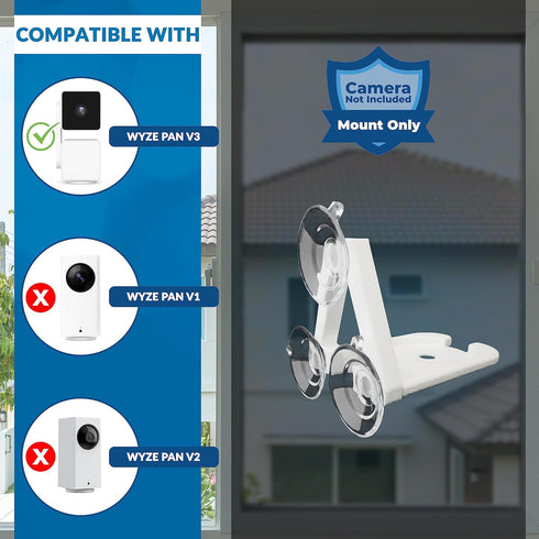 Pan v3 Wyze Compatible Secure Suction Mount (Camera Not Included) – Bracket Shelf with Dual Suction Cups Allows 360 Swivel – Affixes to Window Gla...