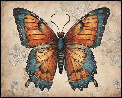 Posterizer 1 pcs- Orange and blue butterfly with small flowers-Art for Animal Lovers-Floral Botanical Art- Gift for Men Women -Decor for Bedroom, ...
