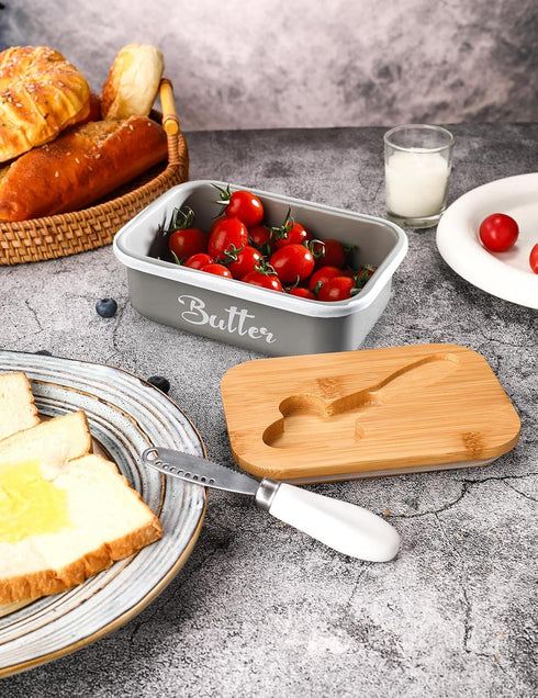 Butter Dish with Lid for Countertop, AISBUGUR Metal Butter Keeper with Stainless Steel Multipurpose Butter Knife, Large Butter Container with Doub...