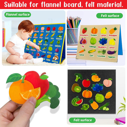 Felt Fruits and Vegetables Learning Pieces,62 Felt Board Pieces for Felt Flannel Board,Learn Common Fruits and Vegetables and Words for Kindergart...